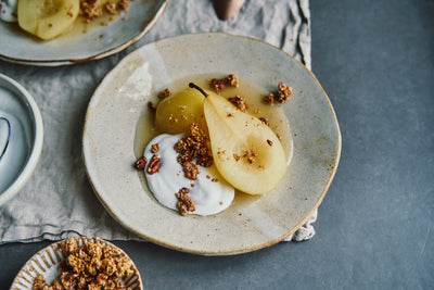 Maple and Cinnamon Baked Pears with Tonka, Coconut, Cashew & Vanilla Granola